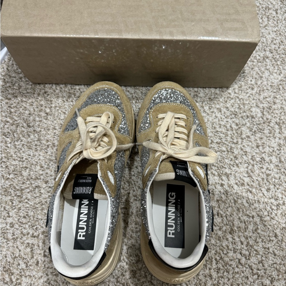 Golden Goose Women's Running Sole in silver glitter and dove gray suede
